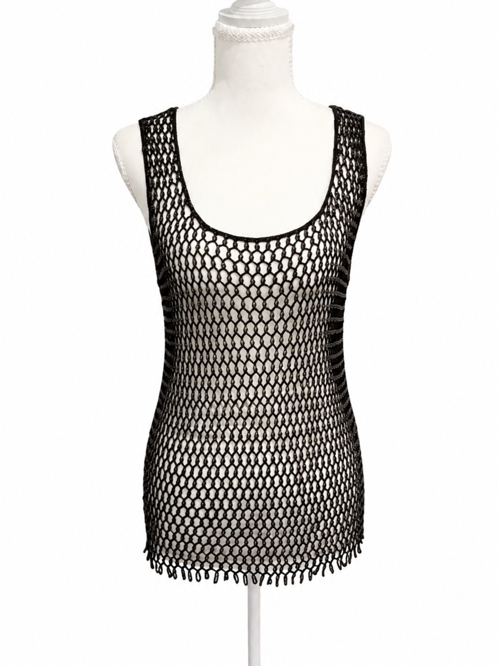 Vintage Chico’s Design Beaded Open Knit Mesh Tank Top Boho Y2K Layering